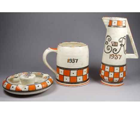 Charlotte RHEAD for Crown Ducal - Edward VIII commemorative coronation jug, with orange chequer pattern on a mottled ivory gr