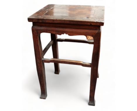 A late 19th century Chinese square table - with wax export seal, the cleated top on shaped square legs joined by peripheral s