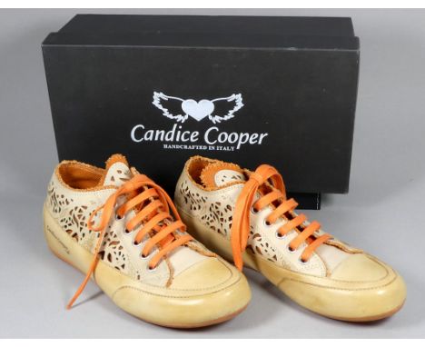 A pair of Candice Cooper ladies shoes - pierced light tan leather and orange canvas, with orange rubber soles, size 37, boxed