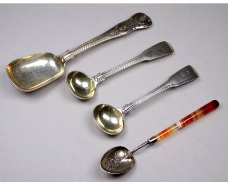 A white metal sugar spoon marked sterling - the engraved bowl with an agate handle, together with a pair of mustard spoons an