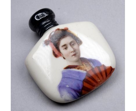A silver topped ceramic scent bottle decorated with a Geisha girl - Birmingham 1904, height 5cm. 
