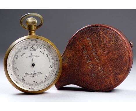 A 19th century pocket barometer - Yeates &amp; Sons of Dublin, in a fitted leather case, marked W. Henry 14th Hussars.