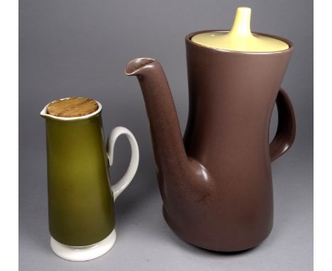 A Poole Pottery coffee jug - in a chocolate brown matte finish with a yellow cover, 22cm high, together with a similar sage c