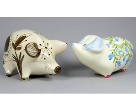 A Rye Pottery pig - by David Sharp, decorated with brown foliage and flowers, 19cm wide, Rye Pottery pig decorated with blue 