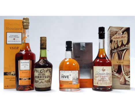 A bottle of Boulard calvados - boxed, together with another bottle of calvados, a bottle of cognac and a bottle of Wemyss ble