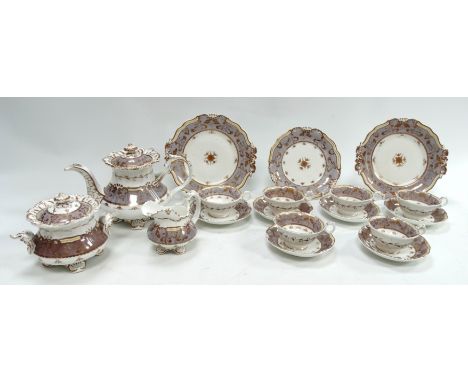 A 19th century English porcelain part tea service - decorated with a mauve band and gilt foliage, comprising teapot, sucrier,