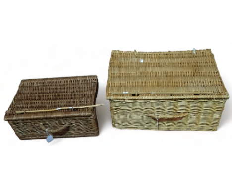 A late 20th century blonde wicker hamper - with woven handle, width 54cm, together with another smaller example. 