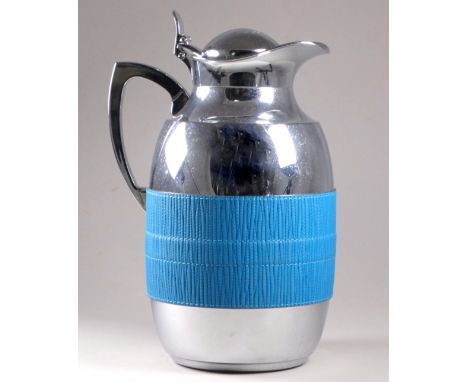A GioBagnara vacuum flask - polished chrome with a turquoise textured leather band, height 24cm.