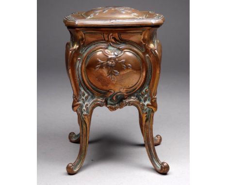 A late 19th century French coppered jewellery casket - modelled in the form of a Louis XVI style petit commode, 8 x 7 x 12cm.