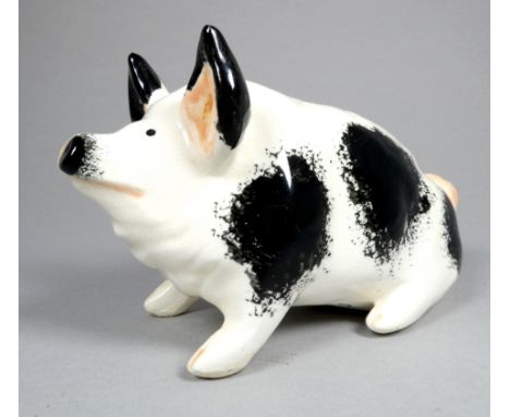 Wemyss Griselda Hill pottery pig - seated, decorated with black spots , 18cm wide
