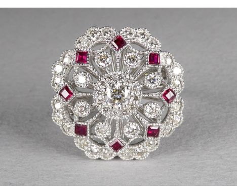 An 18ct white gold diamond and ruby cluster ring - total weight of diamond 1.00ct, total weight of rubies 0.40ct, ring size N