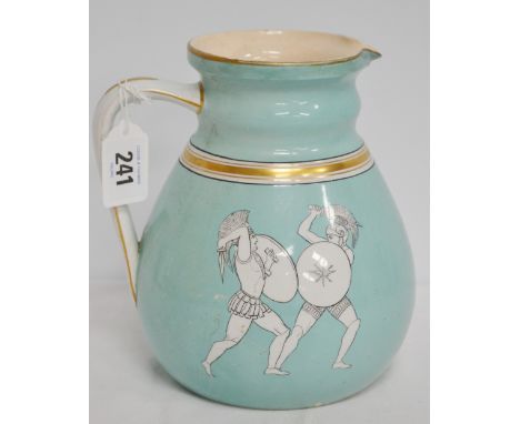 Victorian Ashworth pottery jug, black and white transfer printed with ancient warriors entitled 'Combat between Hector & Ajax