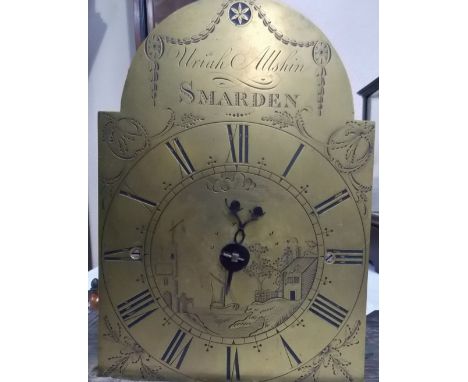 English 30 hour clock movement with 7' brass arched dial, signed Uriah Allshin SMARDEN under harebell swags, the dial with Ro