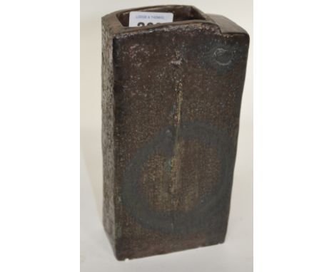 Unusual early Troika St Ives Pottery rectangular slab vase, geometric and textured moulded in a brown and black glaze, impres