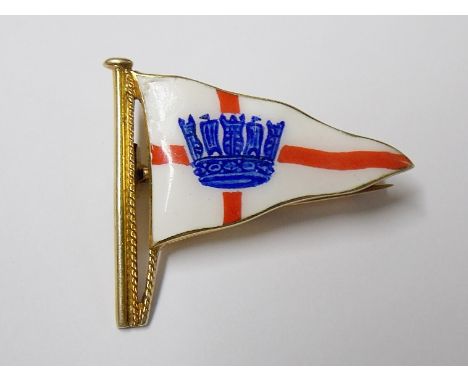 9ct gold and enamel yachting brooch, shaped as a flag with a red cross and blue crown on a white ground, stamped 9ct to the b