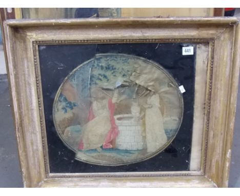 Regency silk stitch oval panel depicting two figures by a well, within gilt frame (af).