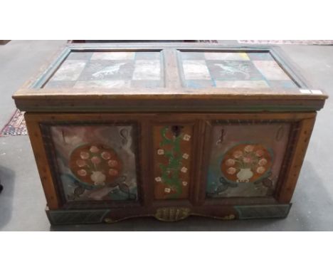 Attractive early 19th Century Austrian painted pine chest, the two panel hinged lid painted with two birds on branches over t