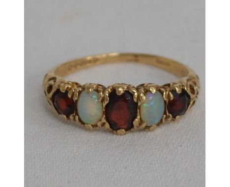 9ct gold garnet and opal five stone ring, weight 3g approx.