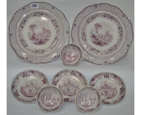 Pair of Victorian puce transfer printed plates in 'Grecian' pattern, together with a set of three New Stone China puce transf