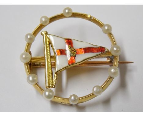 Gold enamel and seed pearl set yachting brooch shaped as a flag within a circle with pearls, stamped 15ct to the back, (one p