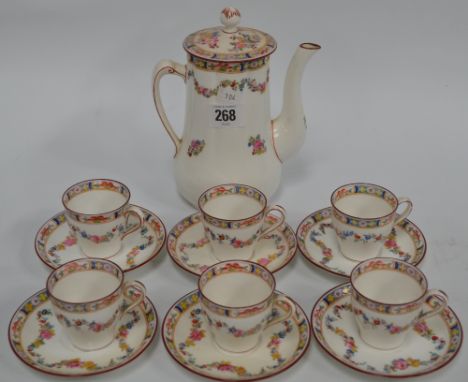 Mintons part coffee set for six, printed and painted with floral swags, no. A4807, comprising coffee pot and six coffee cups 