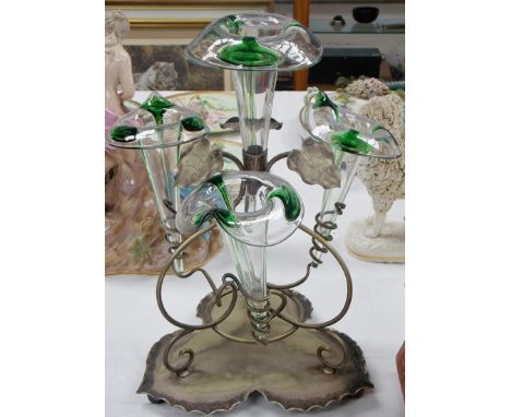 A silver plate four branch epergne with clear and green glass trumpet stems, height 14.5'.