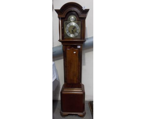 Junghans three train George III Style grandmother clock, the 7' brass arch dial inscribed Tempus Fugit, the movement striking