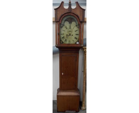 Eight day long case clock, the 12' arched painted dial with moonface aperture painted with a river landscape with bridge and 