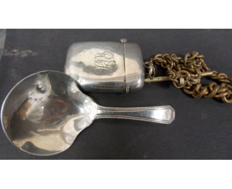 George III silver caddy spoon with shield shaped bowl and beaded edge handle, maker M.L. London 1795, weight 10g approx; toge