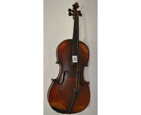 Early 20th  Century Stradivarius copy violin with 14' two piece back of medium flame and curl , nickel mounted bow and case.