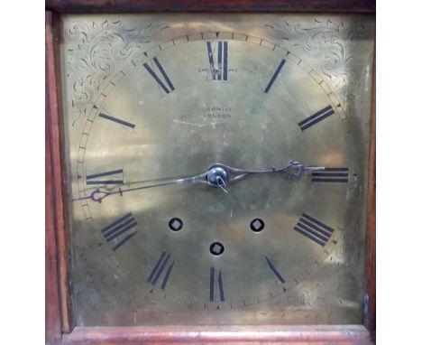 Three train clock movement, the square 7.5' brass dial signed Barwise London, the chapter ring with Roman numerals, the movem