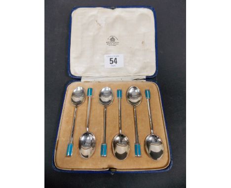 Attractive set of six silver art deco and enamel coffee spoons by Mappin & Webb, boxed, Birmingham 1932.