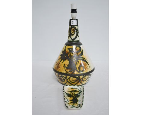 Cornish Celtic pottery 'Folksy' pattern large table lamp base, height 14', together with a small rectangular tray in the same