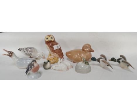 Collection of 8 Danish porcelain animal figures, a Beswick owl and a small Goebel mouse.