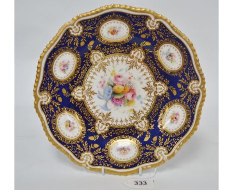 Edwardian Royal Worcester cabinet plate decorated with foliate spray reserves upon a cobalt blue ground and with gilt floral 