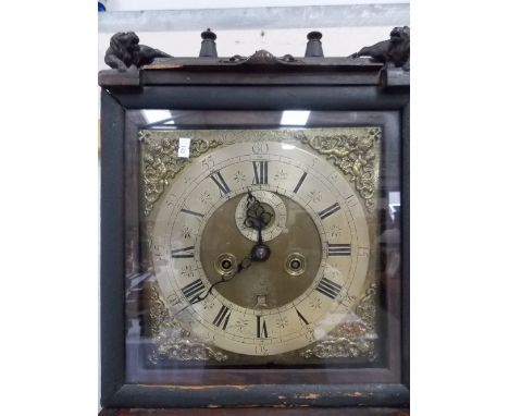 Eight Day long case clock movement, the 11' square brass dial with cherub and crown foliate scroll spandrels, the silver chap