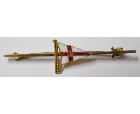 15ct gold and enamel yachting bar brooch with enamelled flag against a plain bar, stamped 15ct.