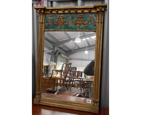 19th Century tall rectangular wall mirror the break front top ball applied over a panel with floral ribbon swags, flanked by 