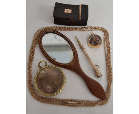 Collection of interesting items including a Georgian tortoise-shell and rose gold mounted rectangular snuff box a pencil fob,