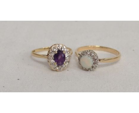 Two 9ct rings one set amethyst and diamond the other opal and diamond.