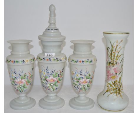 Victorian opaque glass pedestal garniture, foliate enamel painted, height of lidded vase 13.5', together with another white o