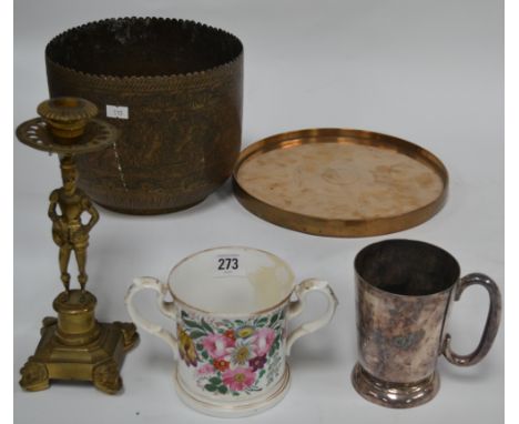 Miscellaneous including a 19th Century porcelain floral painted loving cup (af), an Eastern brass foliate engraved planter, a