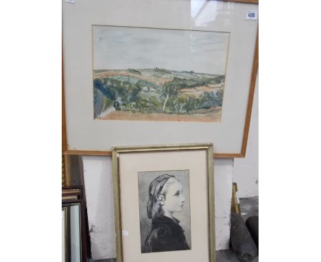 HAROLD CRAWSHAW Landscape Watercolour Monogrammed Label to the back Together with a monochrome watercolour portrait of a girl