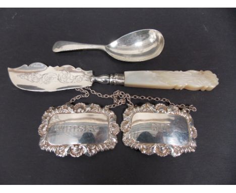 Pair of modern silver spirit decanter labels, both Birmingham 1968/1970; together with a caddy spoon and a Victorian butter k