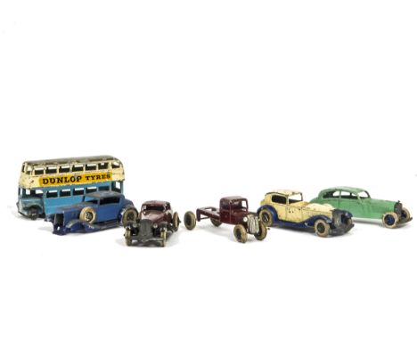 Pre-War Dinky Toys, including 29c Double Deck Bus, light blue lower deck, cream upper, grey roof, 36d Rover Streamlined Saloo