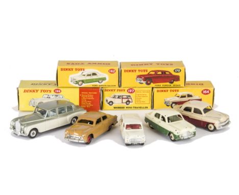 Boxed Dinky Toy Cars, 162 Ford Zephyr Saloon, 170 Ford Fordor Sedan, brown body, red hubs, 164 Vauxhall Cresta Saloon, 198 Ro