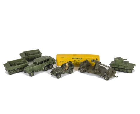 Dinky Toys 152a Light Tank, 152b Reconnaissance Car, 162a Light Dragon Tractor (2), 161b Anti Aircraft Gun, 603 Army Personne