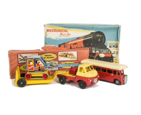 Wells Brimtoy Crane Transporter With Grab No.617, friction drive tinplate and plastic Bedford cab unit, tinplate trailer and 