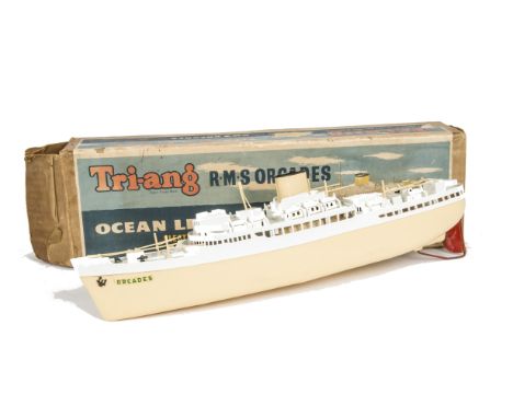 Tri-ang RMS Orcades battery operated Ocean Liner, in white with cream hull and funnel, in original box, VG, some damage to ma