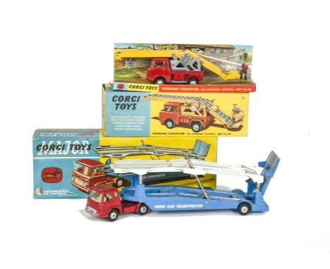 Corgi Toys 64 Forward Control Jeep Working Conveyor, with farmhand figure and two sacks, 1105 Carrimore Car Transporter with 